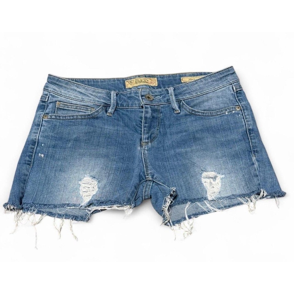 Guess Mini Flare Denim Cutoff Shorts Distressed Raw Hem‎ Women's Size 27 Y2K